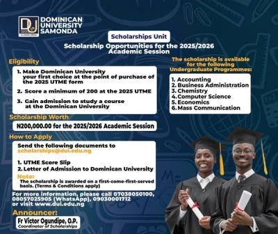 Dominican University, Scholarship 2025, N200,000 Scholarship, UTME, Higher Education, Nigerian Universities, Academic Excellence, Dominican University Ibadan, Admission Requirements, Scholarship Application